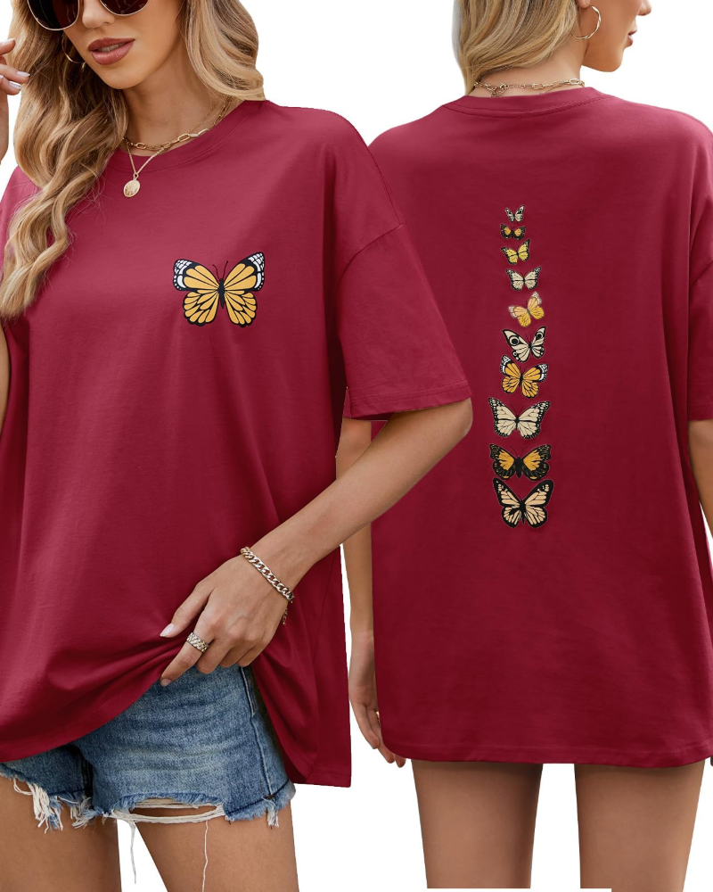 Tatum T-Shirt Oversize Femme – Haut 100 % Coton à Imprimé Papillon Col Rond Demi-Manches