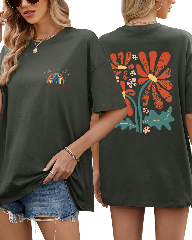 Sadie T-Shirt Oversize Femme – Haut 100 % Coton à Imprimé Floral et Arc-en-Ciel