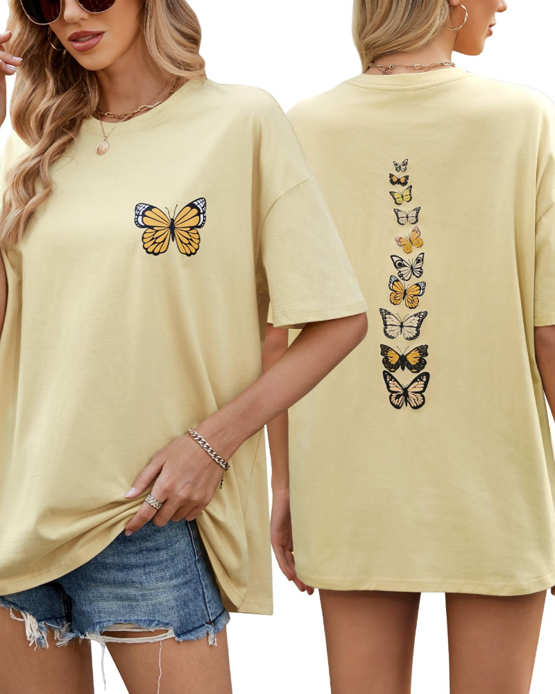 Tatum T-Shirt Oversize Femme – Haut 100 % Coton à Imprimé Papillon Col Rond Demi-Manches