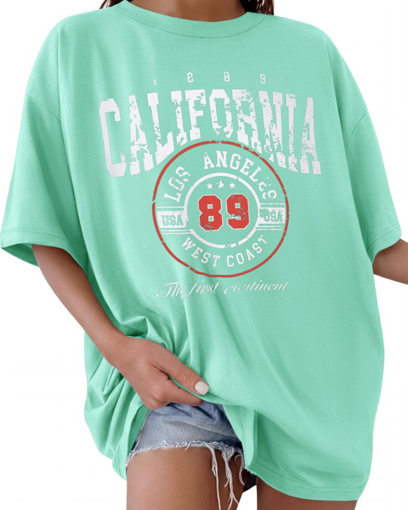 Harlow T-Shirt Oversize Femme – Haut 100 % Coton à Imprimé Slogan Col Rond Manches Courtes