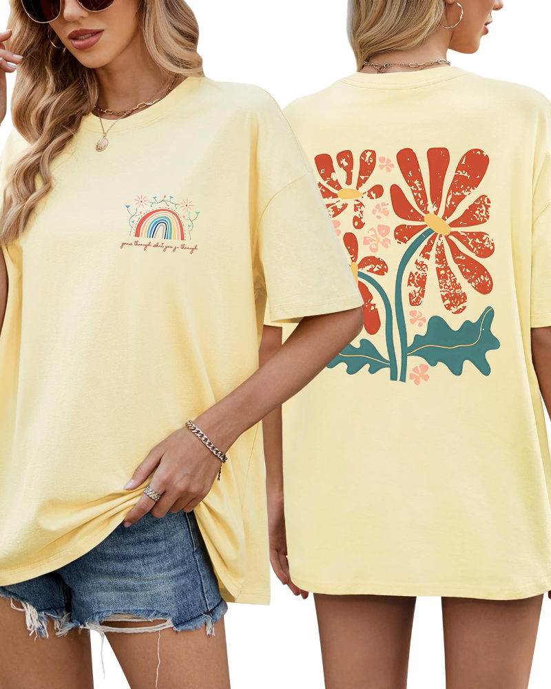 Sadie T-Shirt Oversize Femme – Haut 100 % Coton à Imprimé Floral et Arc-en-Ciel