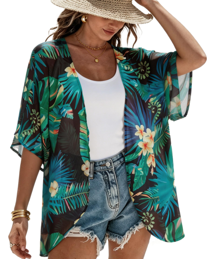 Penelope Kimono Femme – Kimono Fleuri en Mousseline Ouvert à Manches Bouffantes