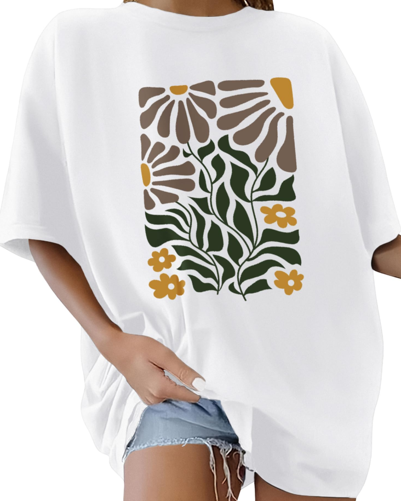 Wren T-Shirt Oversize Femme – Haut 100 % Coton à Imprimés Artistiques Col Rond