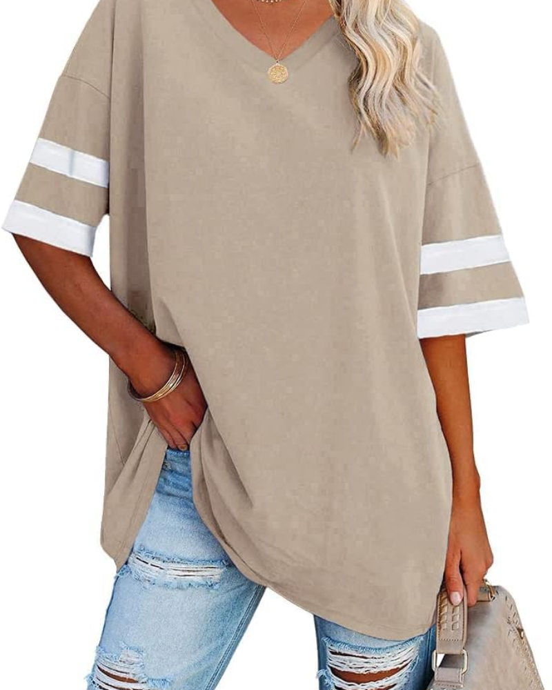 Aspen T-Shirt Oversize Femme – Haut Col V Demi-Manches en Coton Mélangé Coupe Ample