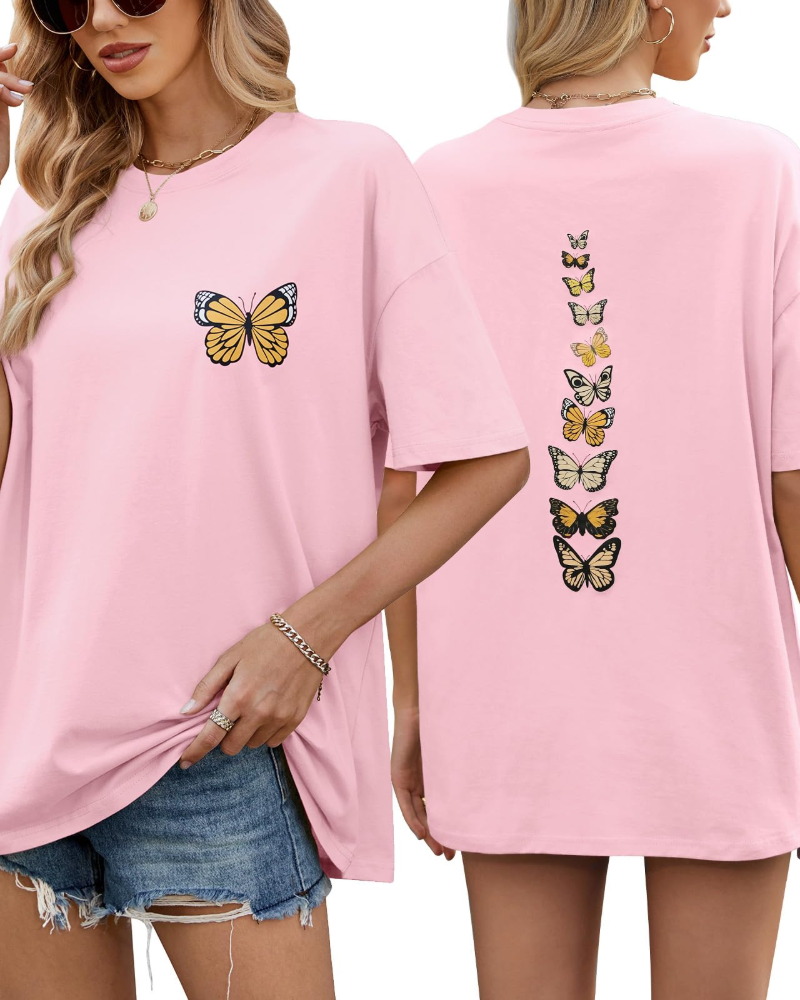 Tatum T-Shirt Oversize Femme – Haut 100 % Coton à Imprimé Papillon Col Rond Demi-Manches