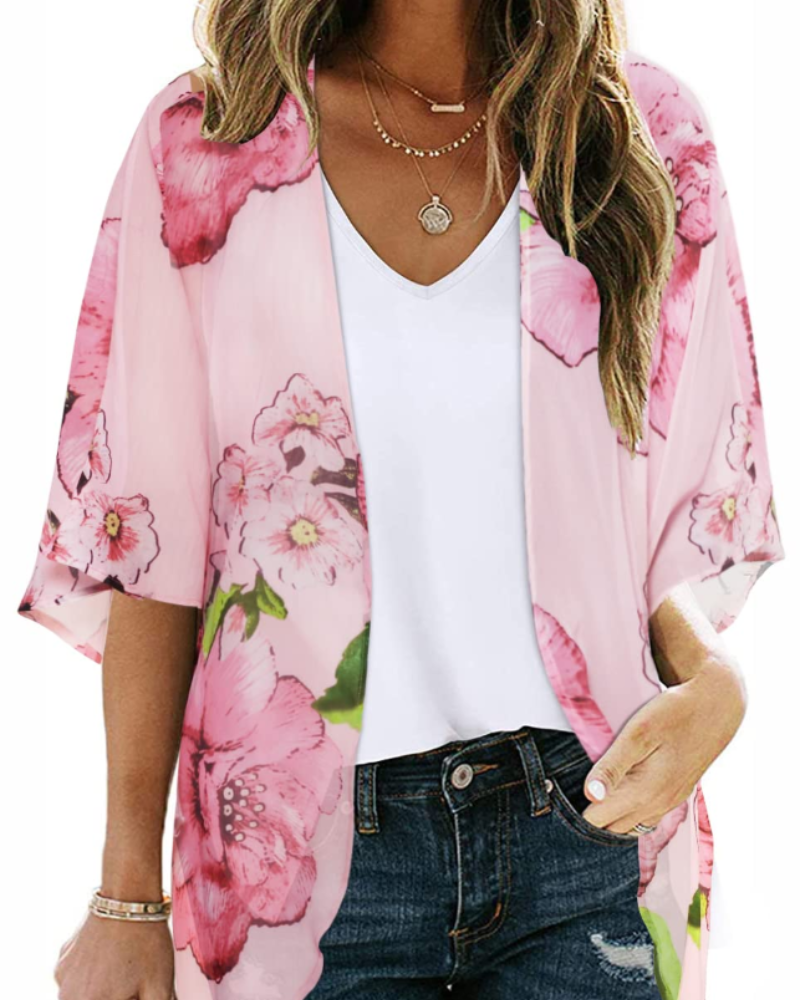 Penelope Kimono Femme – Kimono Fleuri en Mousseline Ouvert à Manches Bouffantes