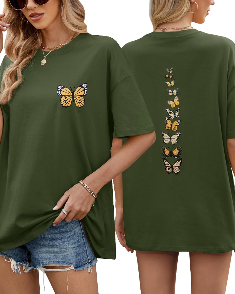 Tatum T-Shirt Oversize Femme – Haut 100 % Coton à Imprimé Papillon Col Rond Demi-Manches