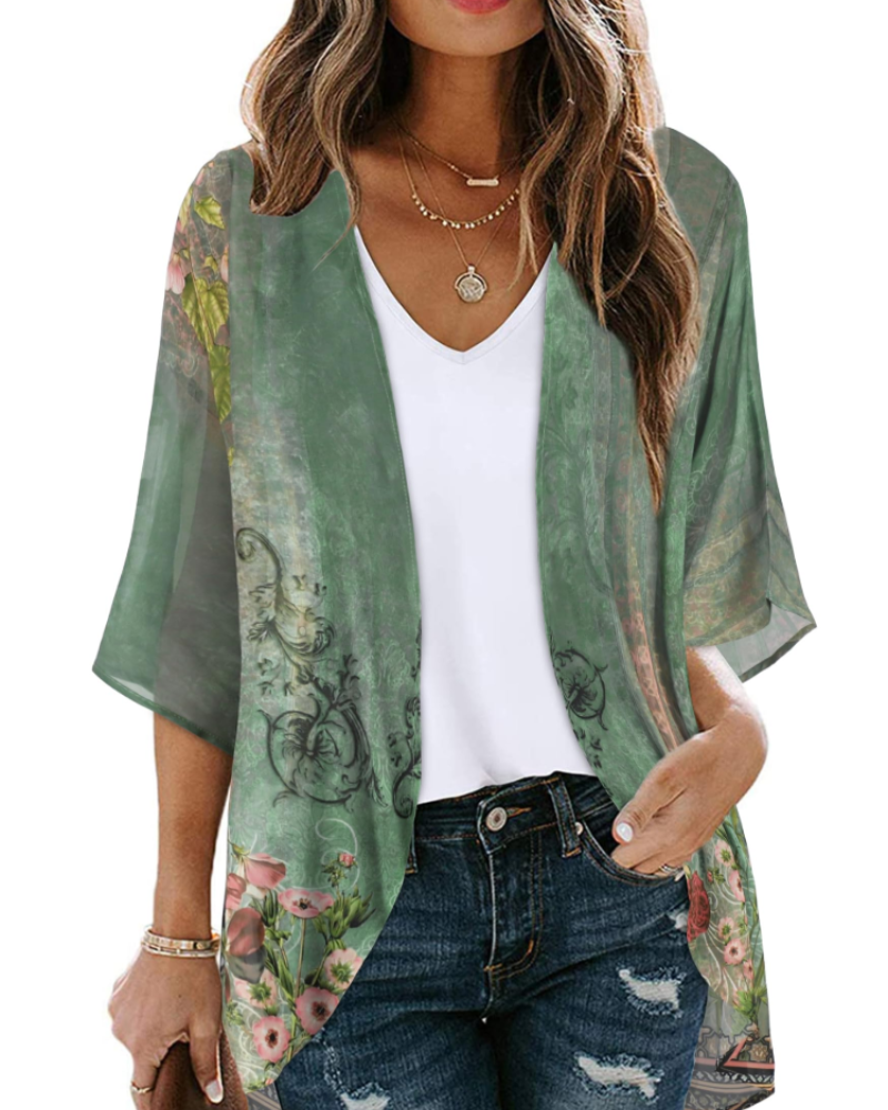 Penelope Kimono Femme – Kimono Fleuri en Mousseline Ouvert à Manches Bouffantes