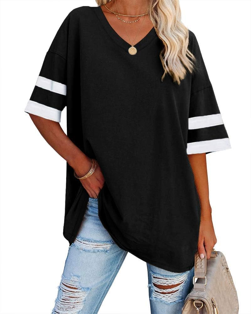 Aspen T-Shirt Oversize Femme – Haut Col V Demi-Manches en Coton Mélangé Coupe Ample