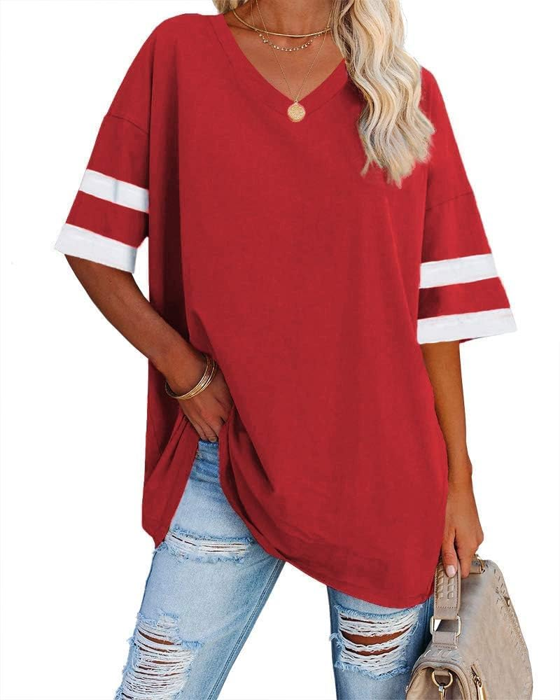 Aspen T-Shirt Oversize Femme – Haut Col V Demi-Manches en Coton Mélangé Coupe Ample