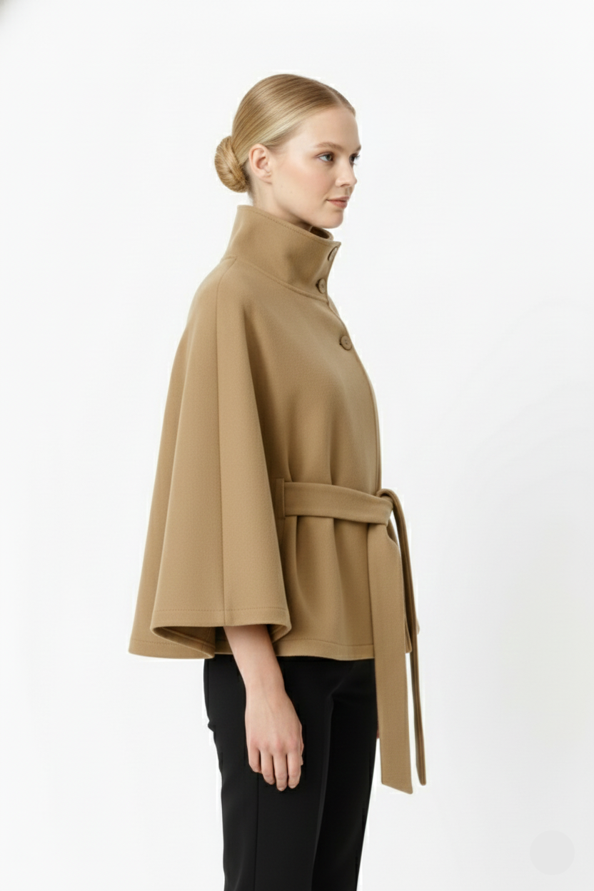 Adeline Manteau Femme en Laine – Manteau Long avec Col Montant, Ceinture Amovible et Coupe Élégante