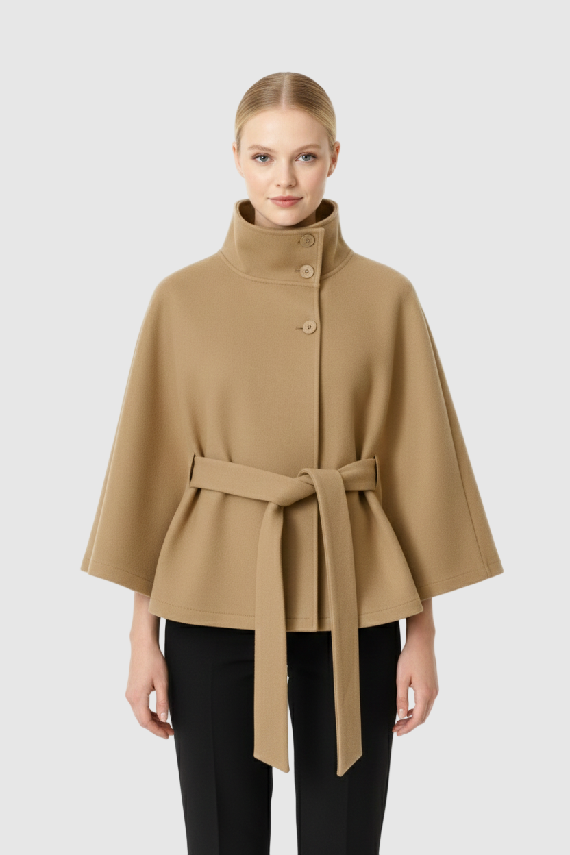 Adeline Manteau Femme en Laine – Manteau Long avec Col Montant, Ceinture Amovible et Coupe Élégante