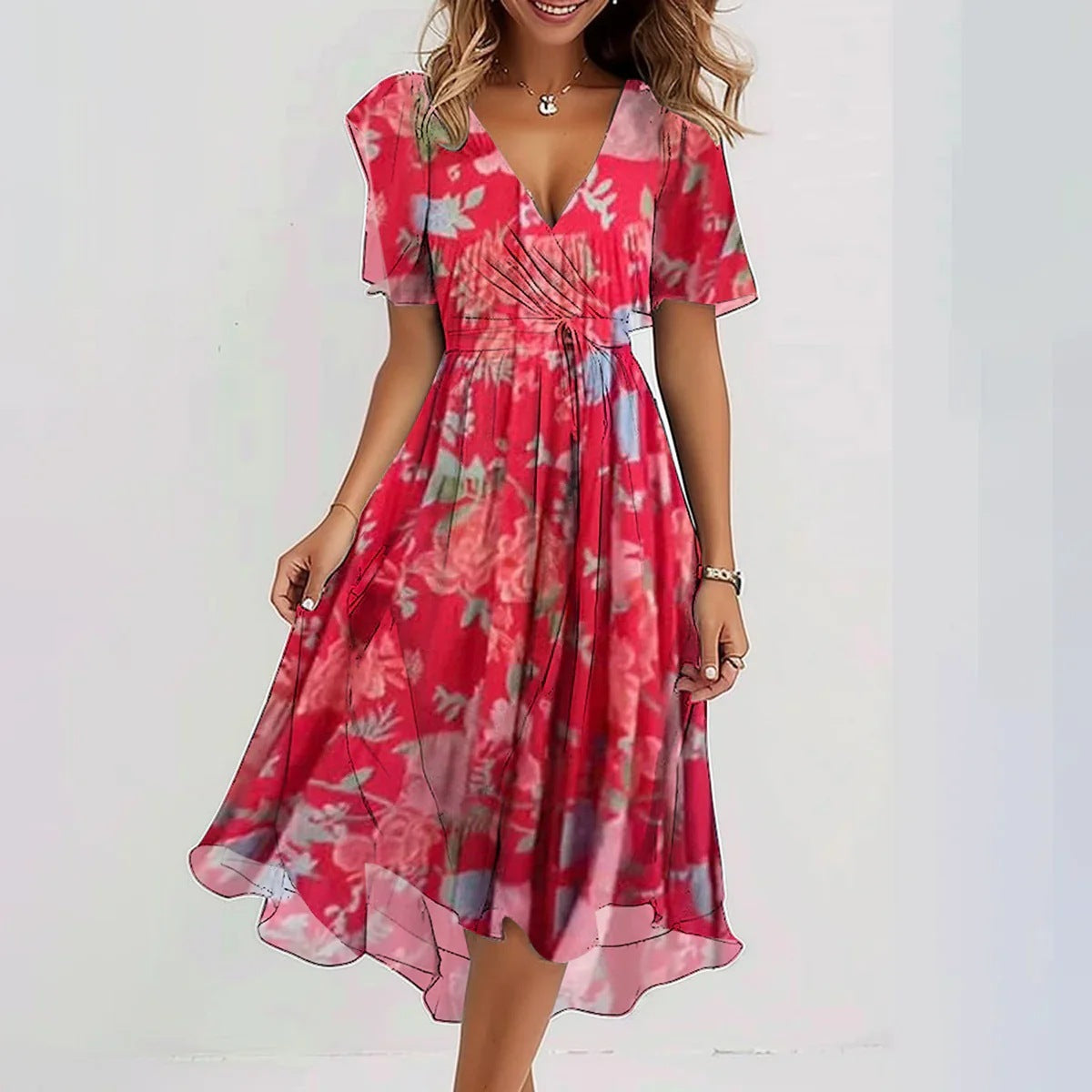 Ella Robe Femme – Robe Fleurie Élégante avec Encolure Cache-Cœur, Manches Volantes & Coupe Fluide