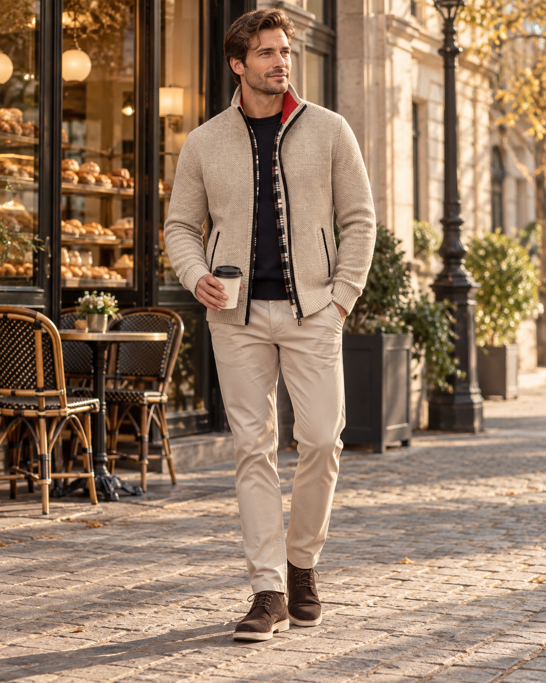 Gian Cardigan Homme Zippé en Maille - Col Montant, Doublure Écossaise et Poches Avant