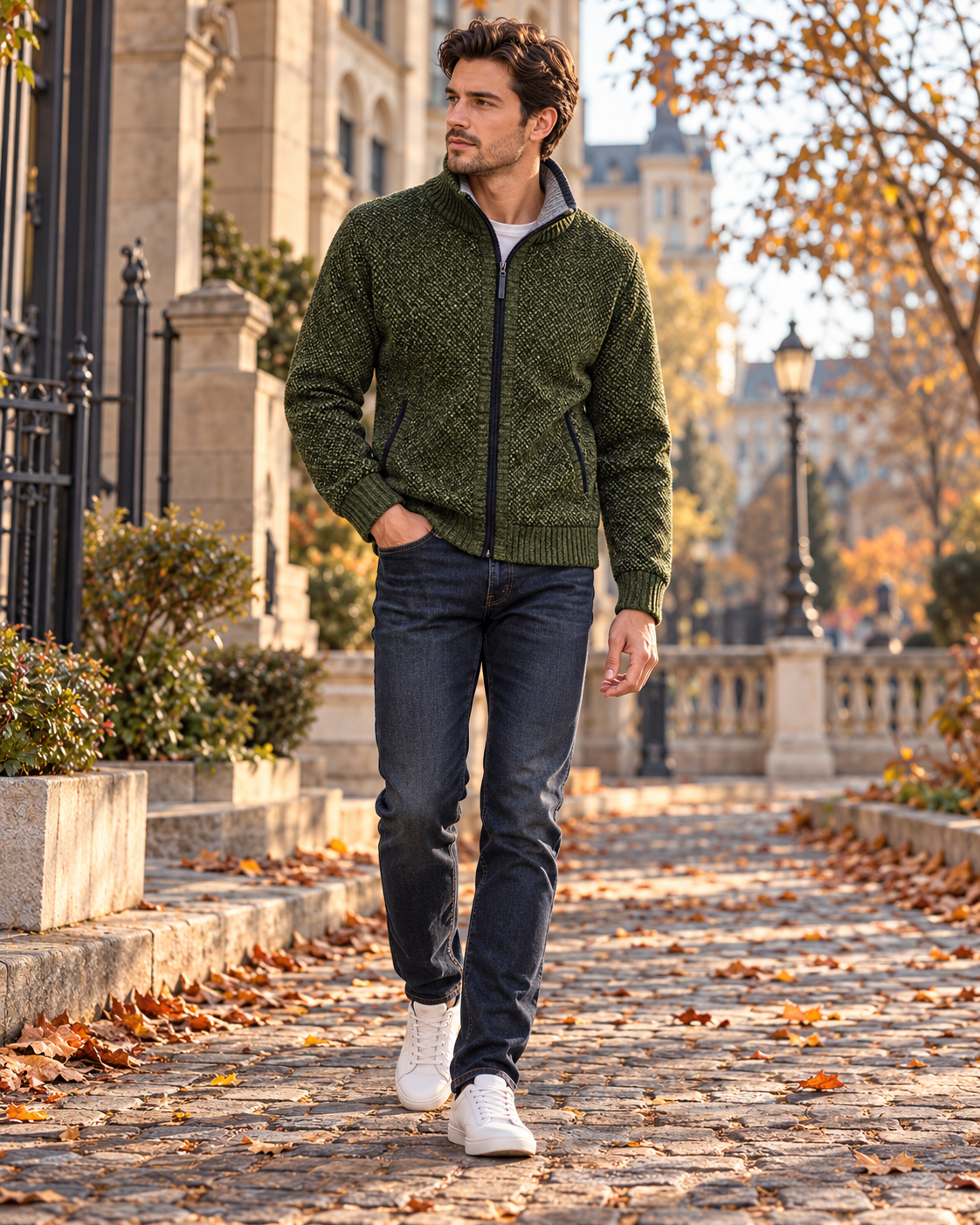 Gian Cardigan Homme Zippé en Maille - Col Montant, Doublure Écossaise et Poches Avant