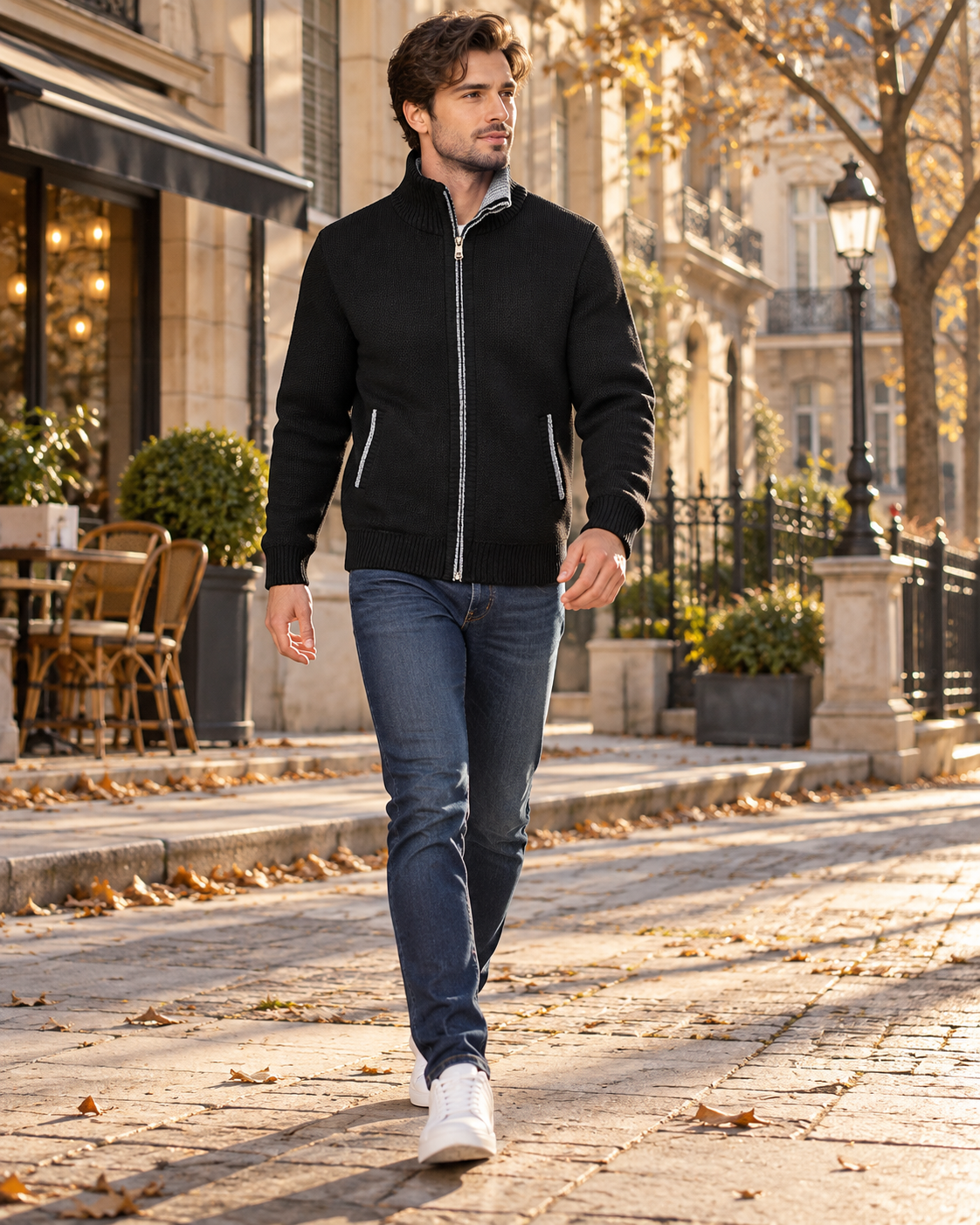 Gian Cardigan Homme Zippé en Maille - Col Montant, Doublure Écossaise et Poches Avant