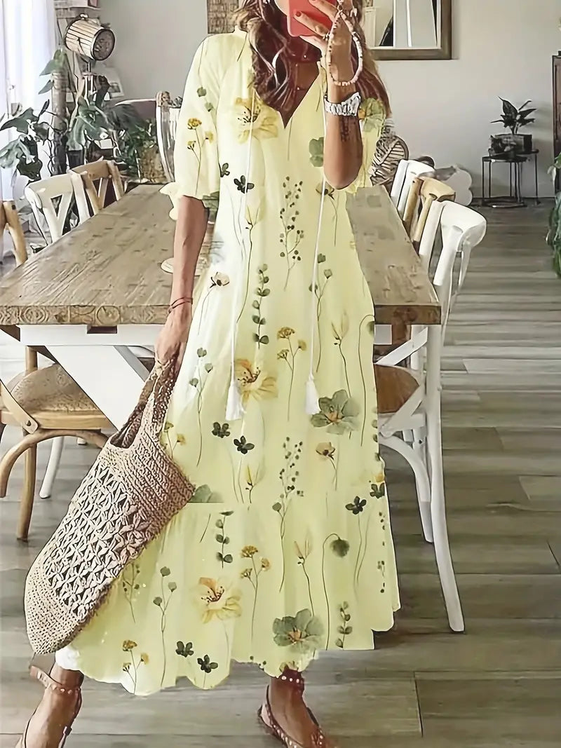 Natalie Robe Bohème Femme – Robe d'Été Élégante à Volants avec Col en V et Motif Ikat