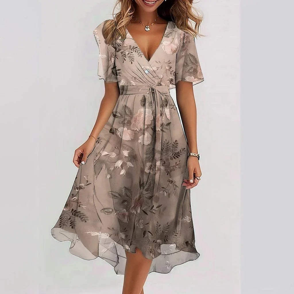 Ella Robe Femme – Robe Fleurie Élégante avec Encolure Cache-Cœur, Manches Volantes & Coupe Fluide