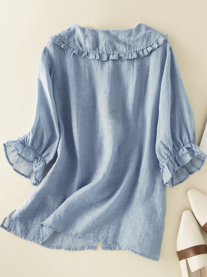 Madeline Blouse Femme – Chemise Ample en Coton et Lin avec Col Claudine à Volants Élégant