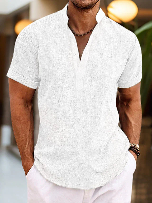 Logan Chemise Homme en Lin – Chemise d'Été Respirante avec Col Henley et Manches Courtes