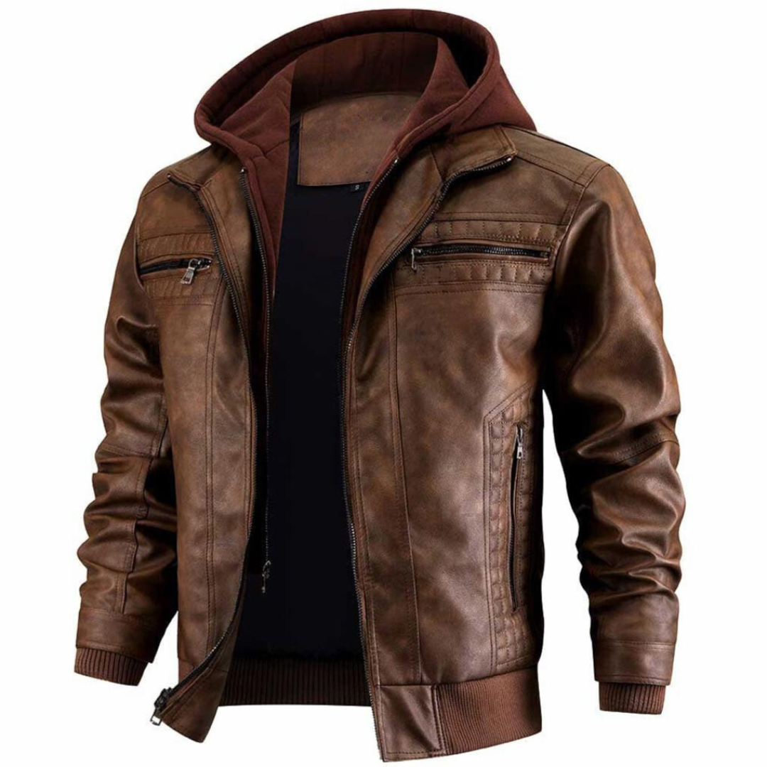 Caspian Veste Homme en Cuir – Blouson Moto Vintage avec Capuche et Fermeture Zippée