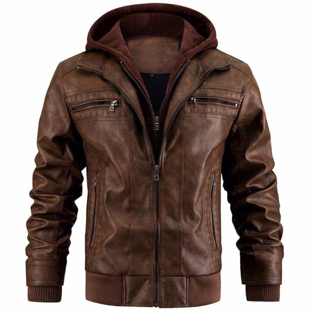 Caspian Veste Homme en Cuir – Blouson Moto Vintage avec Capuche et Fermeture Zippée