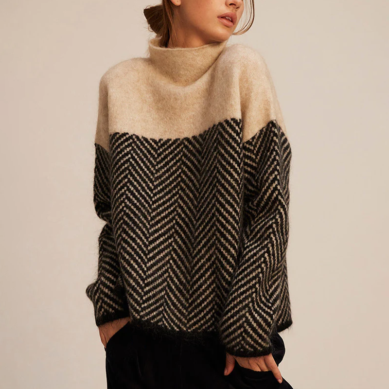 Autumn Pull Col Roulé Femme – Pull en Cachemire Mélangé avec Motif Chevron et Coupe Ample