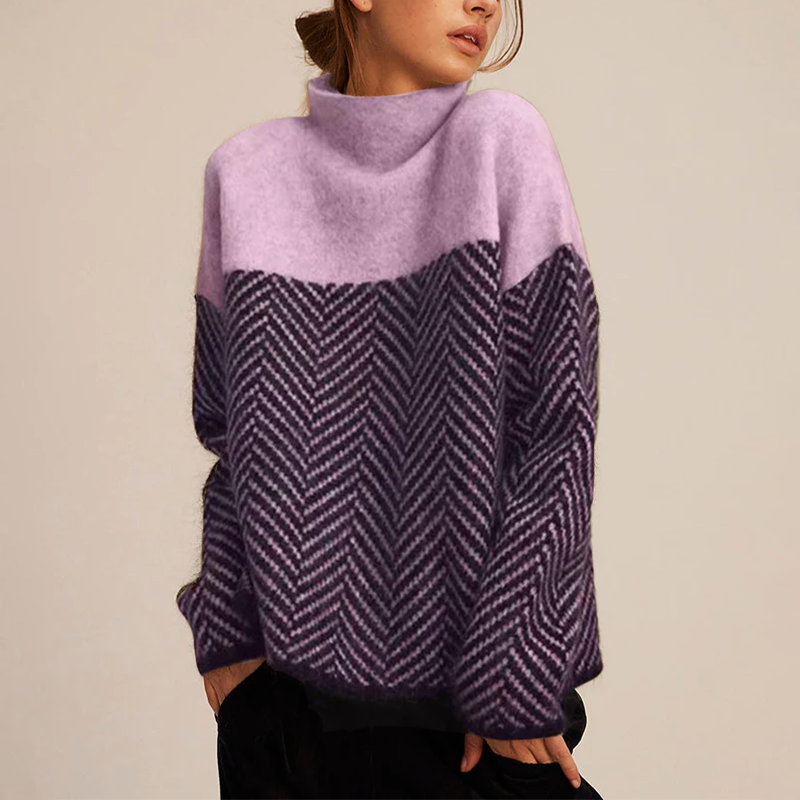 Autumn Pull Col Roulé Femme – Pull en Cachemire Mélangé avec Motif Chevron et Coupe Ample