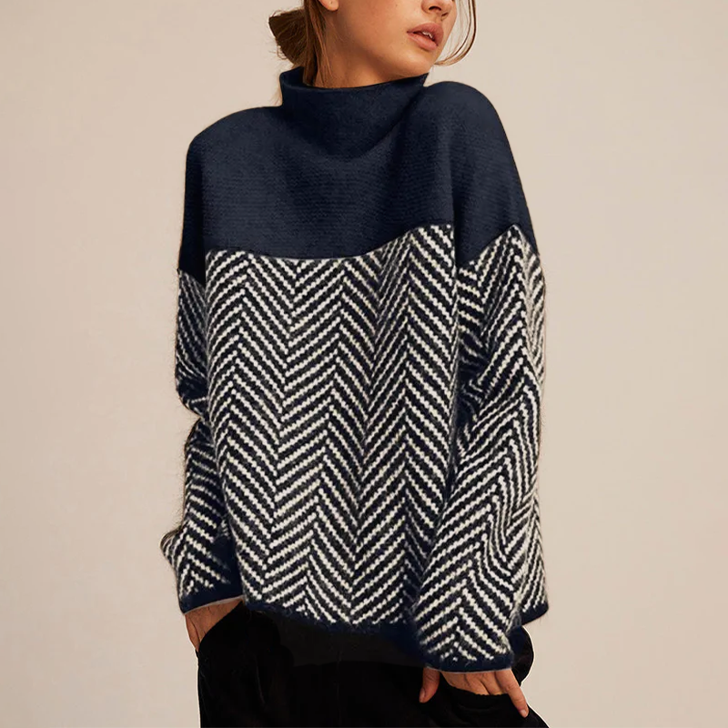 Autumn Pull Col Roulé Femme – Pull en Cachemire Mélangé avec Motif Chevron et Coupe Ample