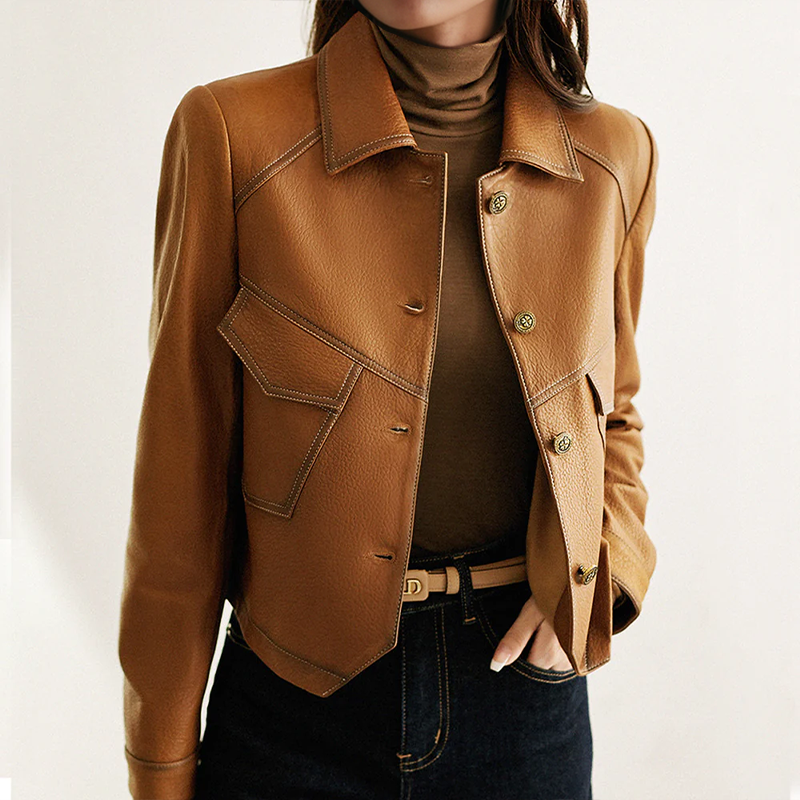 Grace Veste Femme en Cuir – Veste Élégante avec Col Raffiné, Poches Pratiques et Fermeture à Boutons