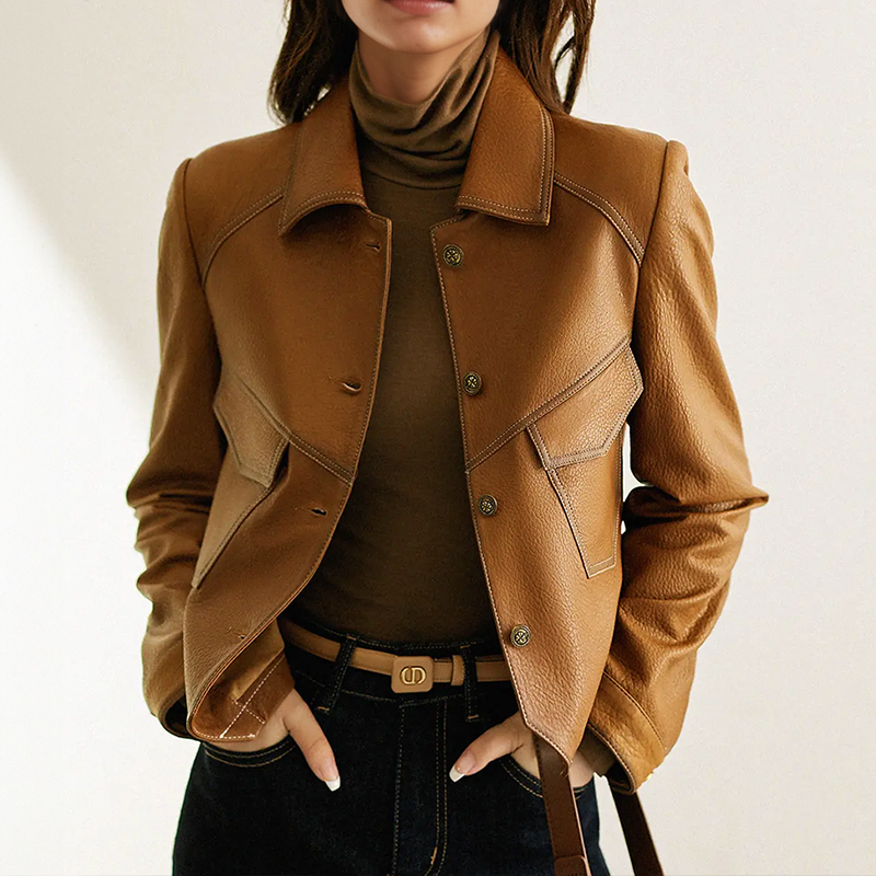 Grace Veste Femme en Cuir – Veste Élégante avec Col Raffiné, Poches Pratiques et Fermeture à Boutons
