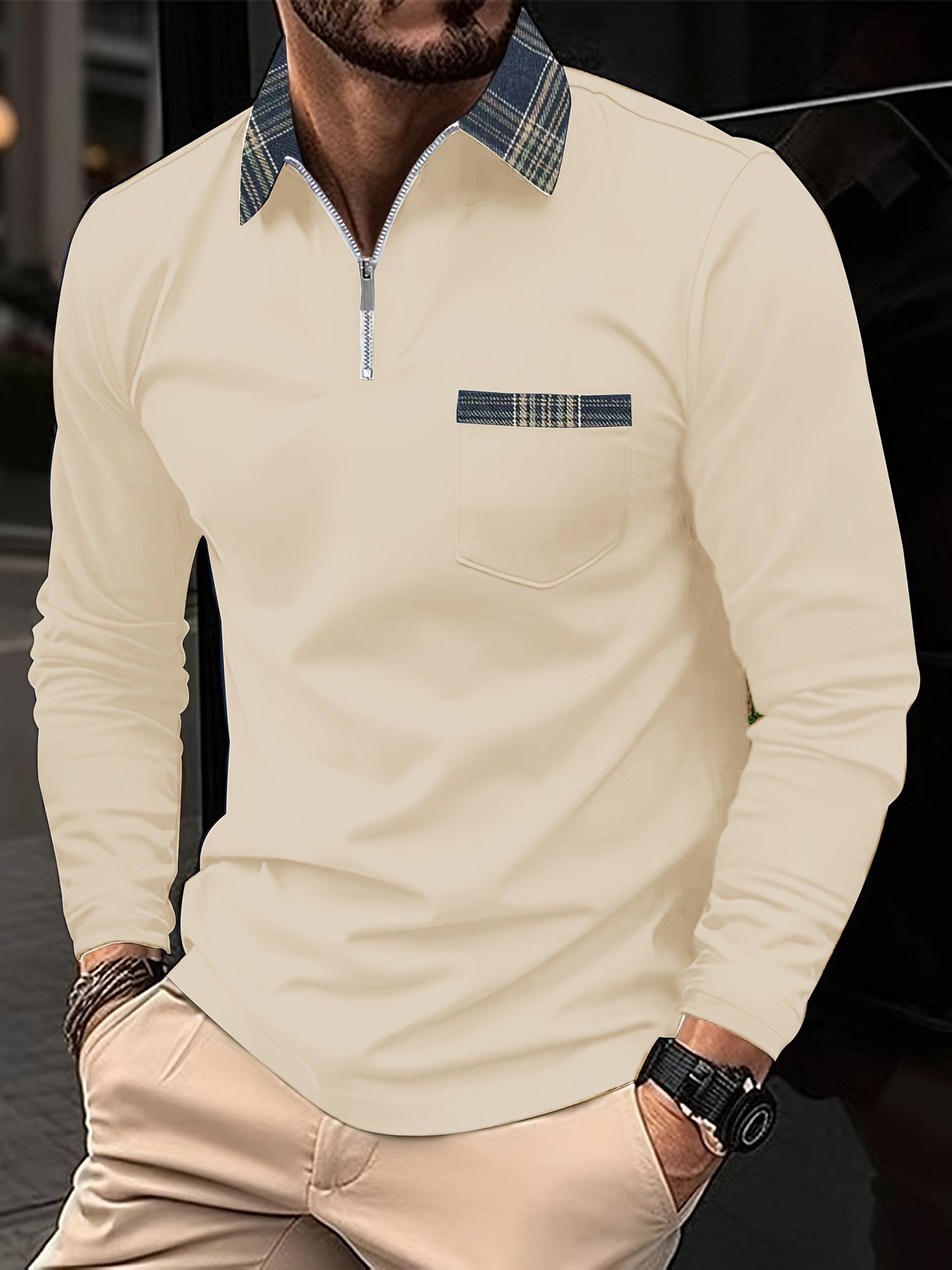 Mitchell Polo Homme à Manches Longues – Col Zippé Élégant & Motif à Carreaux Intemporel