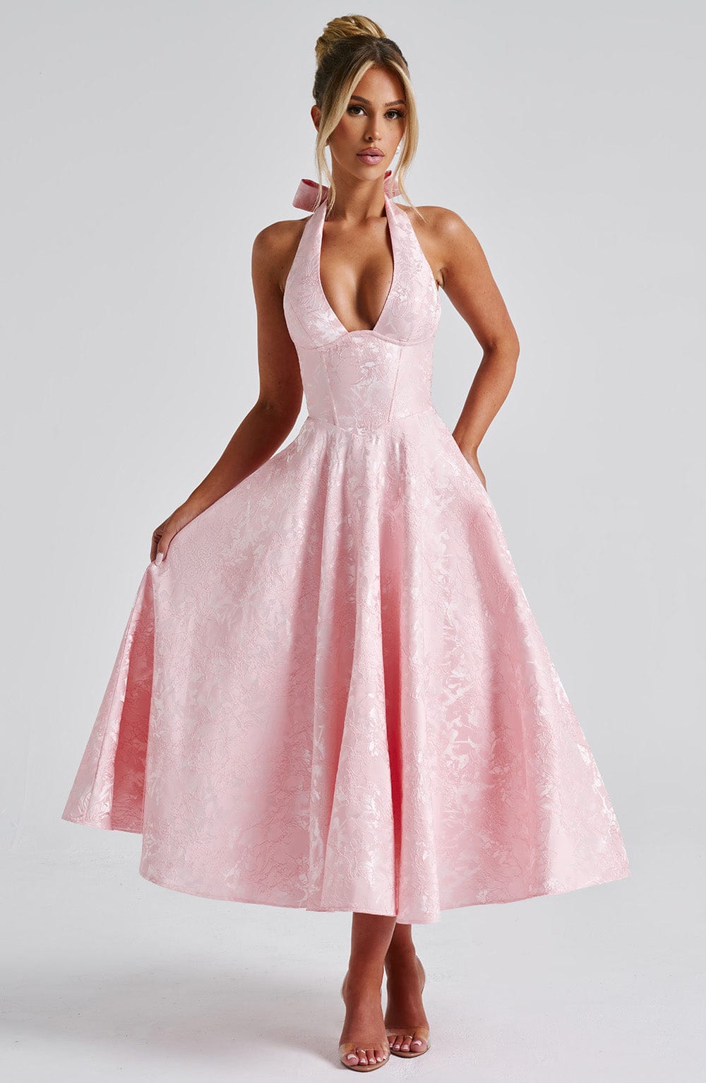 Léa Robe Midi Femme – Robe Dos Nu en Jacquard Floral avec Corsage Ajusté & Jupe Évasée