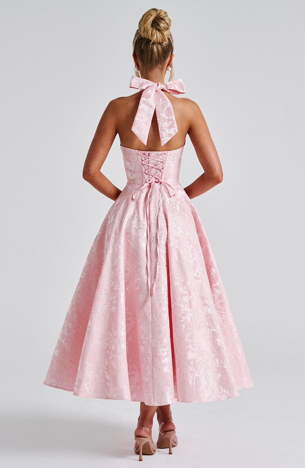 Léa Robe Midi Femme – Robe Dos Nu en Jacquard Floral avec Corsage Ajusté & Jupe Évasée