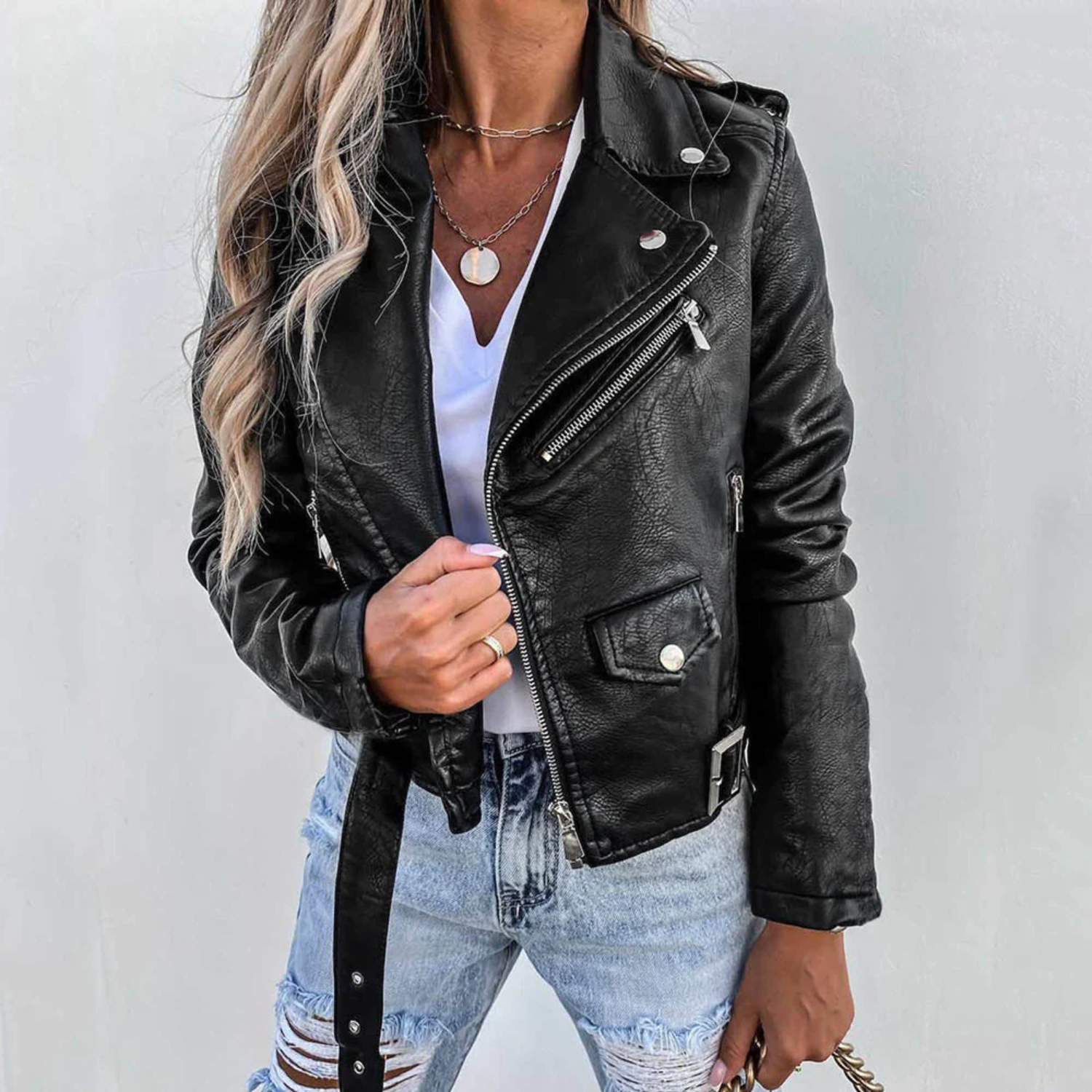 Rosalind Veste Femme en Cuir – Veste Élégante avec Col Montant, Ceinture et Cuir Premium