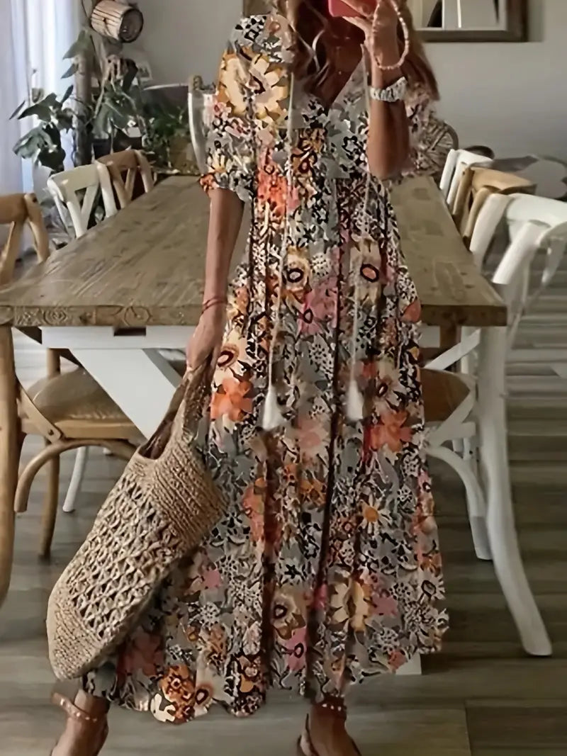 Natalie Robe Bohème Femme – Robe d'Été Élégante à Volants avec Col en V et Motif Ikat