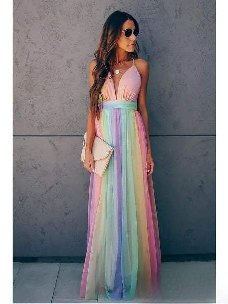 Lauren Robe Longue Femme – Robe Élégante Dégradé Arc-en-Ciel pour un Look Estival Féminin