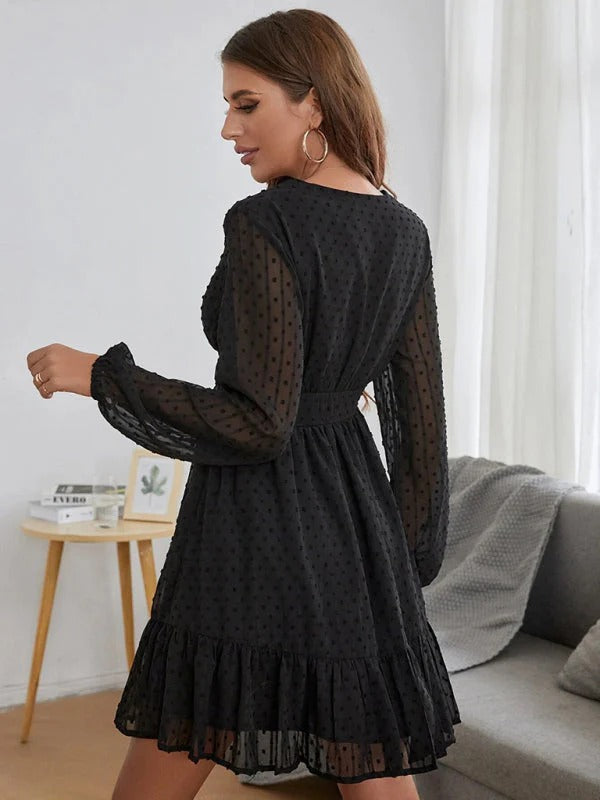 Aurélie Robe Femme à Pois – Robe Fit & Flare Fluide à Manches Longues et Coupe Élégante