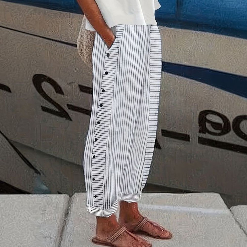 Megan Pantalon Femme – Pantalon Décontracté à Rayures avec Poches Latérales et Coupe Confortable