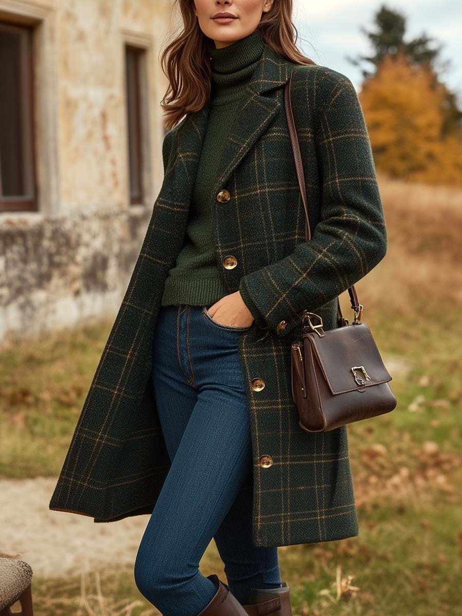 Vivienne Manteau Femme en Laine – Manteau Long à Carreaux avec Coupe Ajustée et Élégance Intemporelle