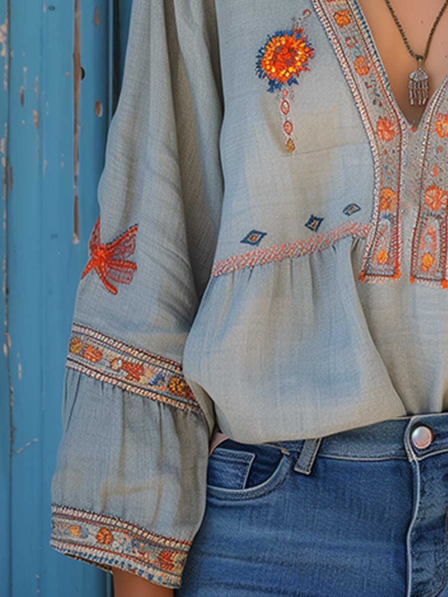 Marisol Blouse Femme Bohème – Blouse Brodée en Coton Mélangé avec Col en V et Coupe Fluide