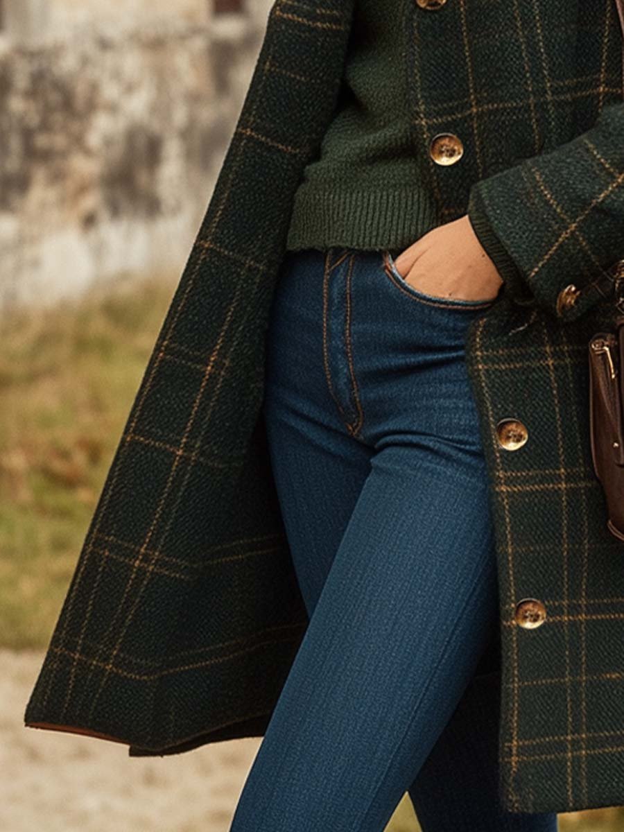 Vivienne Manteau Femme en Laine – Manteau Long à Carreaux avec Coupe Ajustée et Élégance Intemporelle