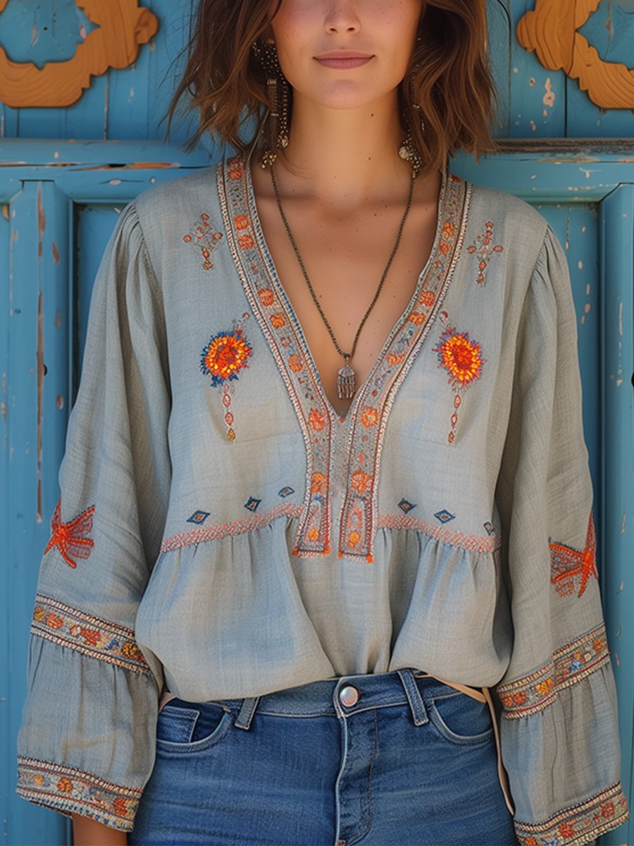 Marisol Blouse Femme Bohème – Blouse Brodée en Coton Mélangé avec Col en V et Coupe Fluide