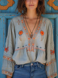 Marisol Blouse Femme Bohème – Blouse Brodée en Coton Mélangé avec Col en V et Coupe Fluide