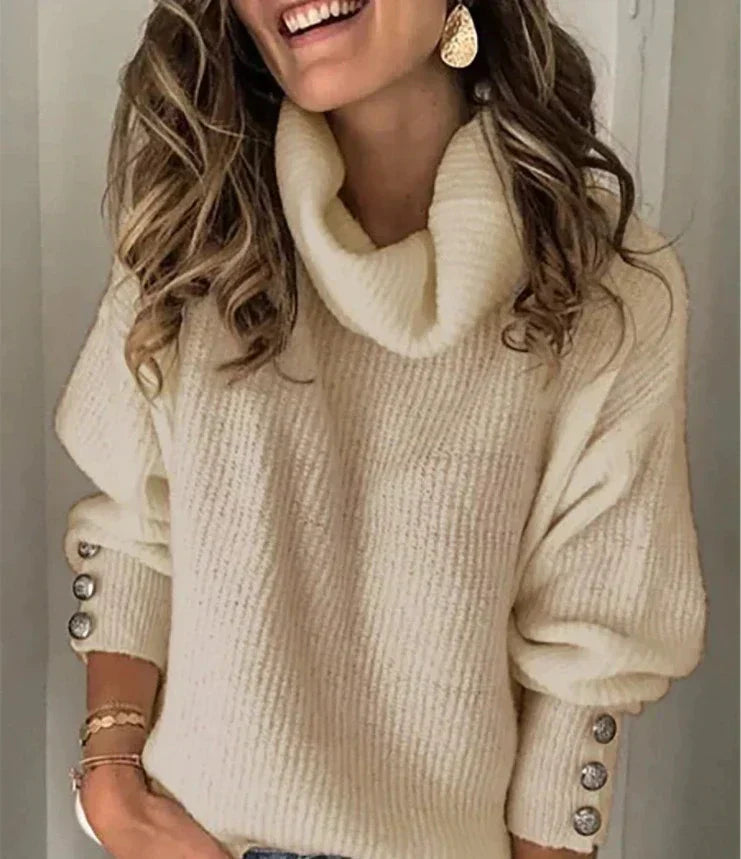 Manon Pull Femme Col Roulé – Maille Douce avec Boutons Élégants & Coupe Confortable