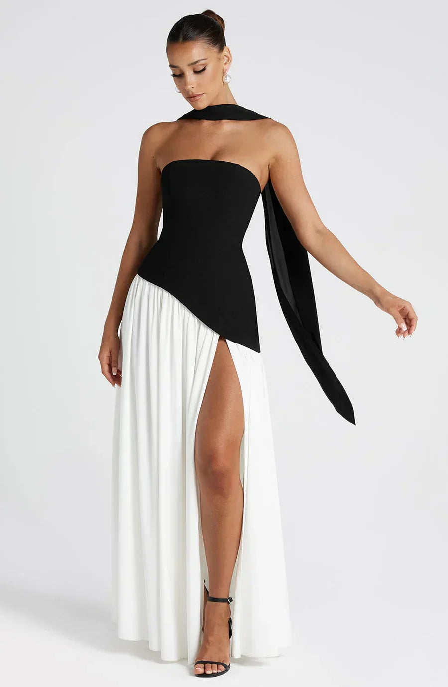 Isaline Robe Longue Femme – Robe de Soirée Bustier Bicolore avec Fente Élégante & Foulard