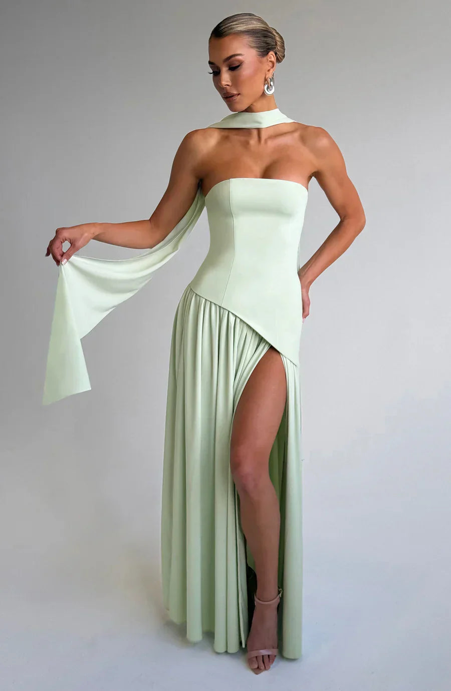 Isaline Robe Longue Femme – Robe de Soirée Bustier Bicolore avec Fente Élégante & Foulard