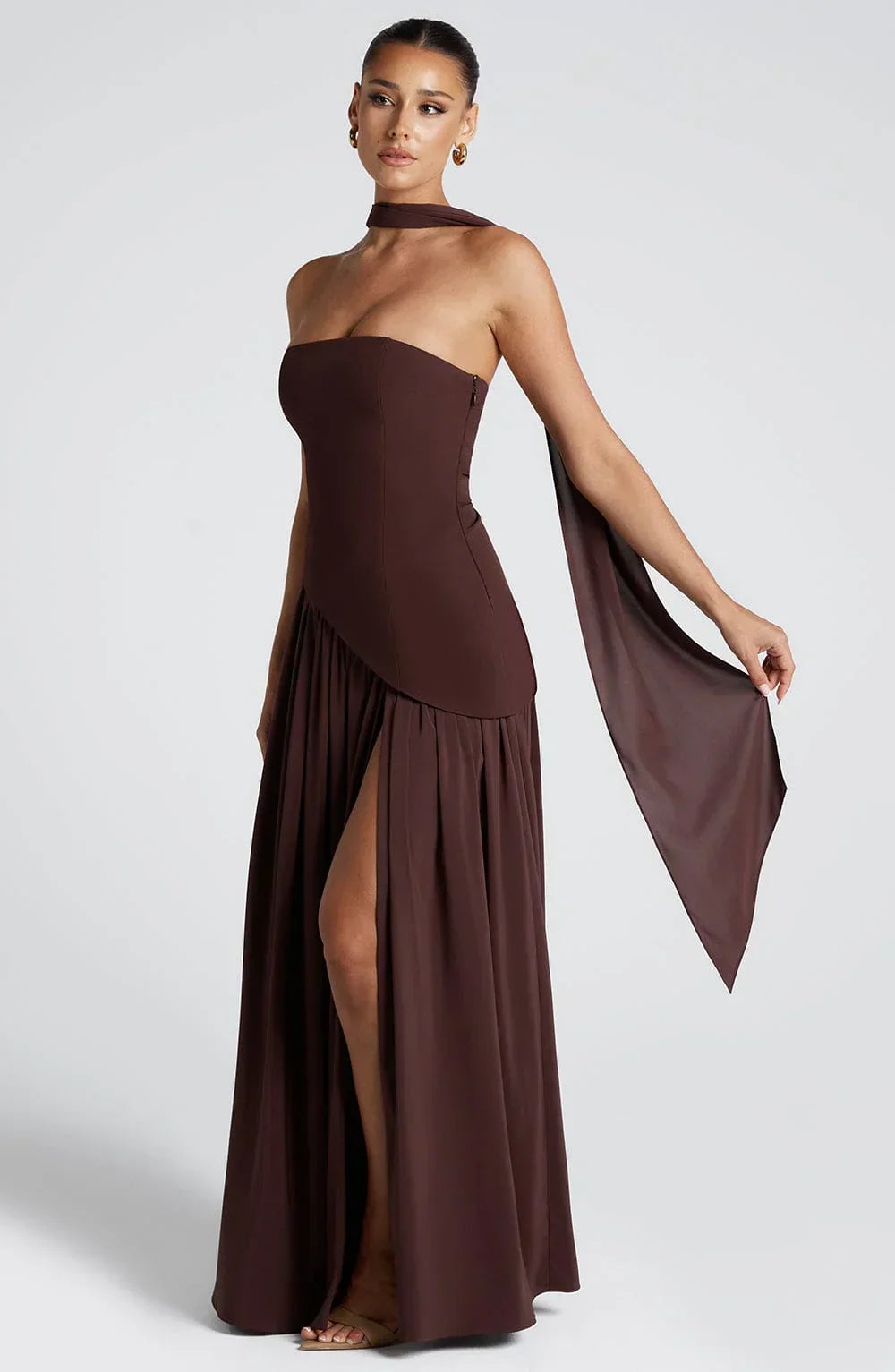Isaline Robe Longue Femme – Robe de Soirée Bustier Bicolore avec Fente Élégante & Foulard