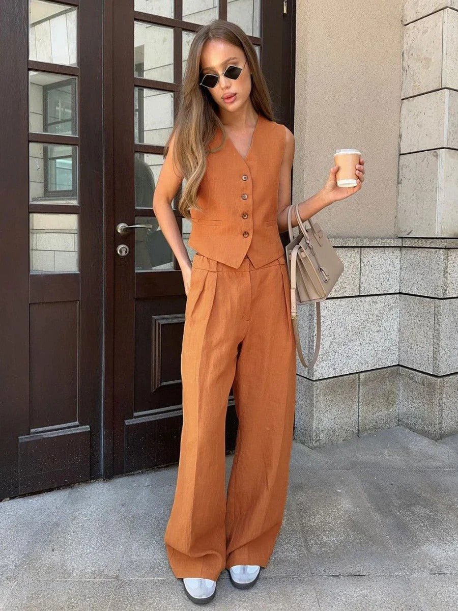 Amandine Ensemble Femme en Lin – Coordonné Été avec Gilet Sans Manches & Pantalon Large