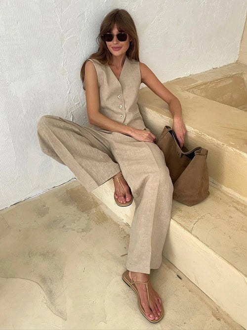 Amandine Women's Linen Set – Summer Co-ord with Sleeveless Vest & Wide-Leg Trousers